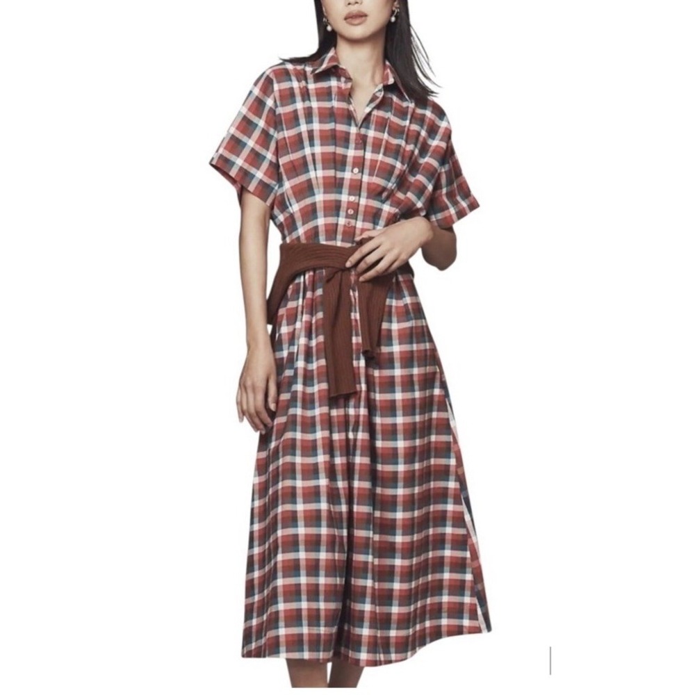 Anthropology Exquise Dominique Plaid Gingham Midi Shirt Dress Raspberry  Size XS
